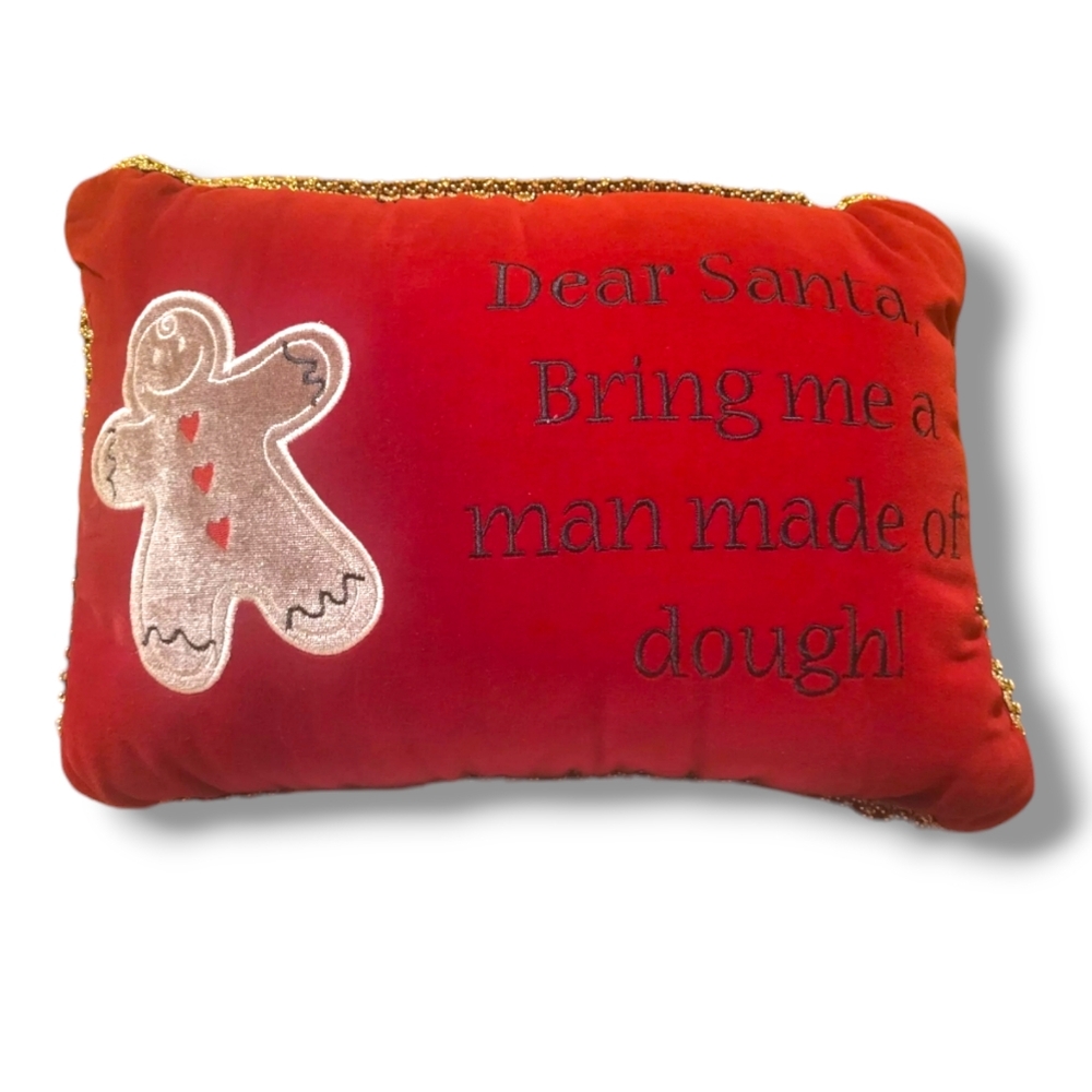 Red Velvet Christmas "Dear Santa" Holiday Pillow With Gingerbread Man, Pre-Owned